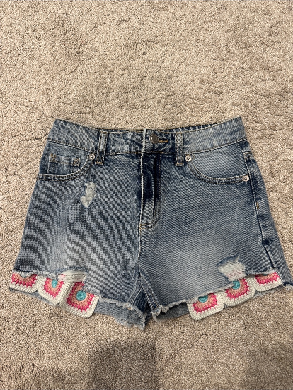 Limited Too Distressed Denim Shorts with Pink & Teal Crochet Trim
